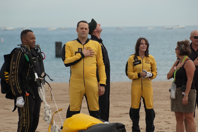 Vince Vaughn, Shea Vaughn, black and yellow parachute jump suits